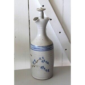 Art Pottery Blue Earth Tone Decanter Bottle with Stoneware Stopper Signed 11.5"